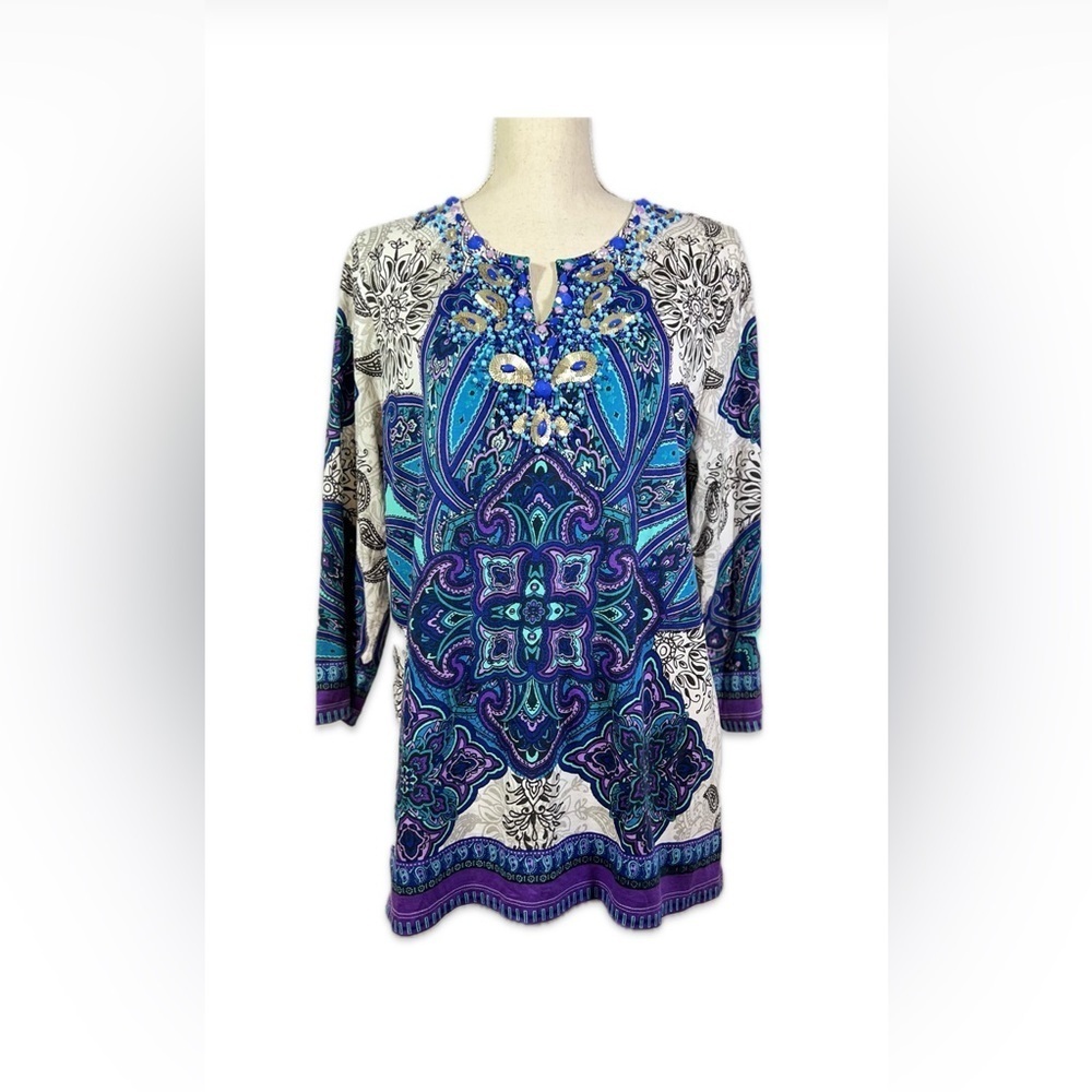 Chico's sz 2 Multicolor Paisley Blouse Size 12 Sequins & Bead Accents